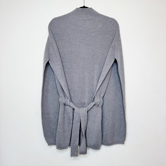 MaxMara Leisure Fulmine Belted Ribbed Wool Poncho Sweater Grey - Picture 12 of 13